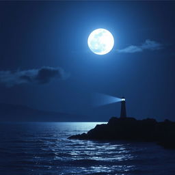 A serene night scene depicting a full moon that casts a soft, silver glow over a calm ocean