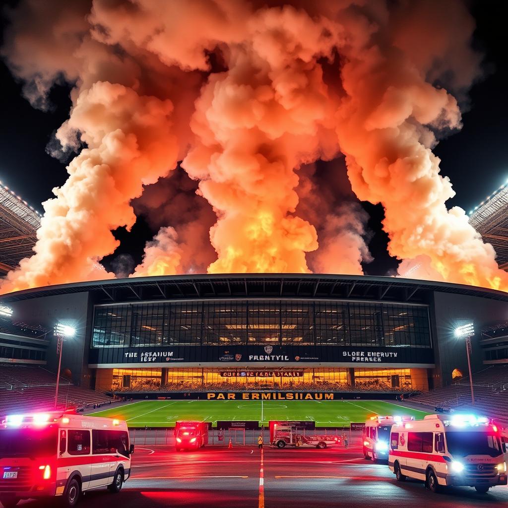 A dramatic scene of a football stadium from the outside, with large billows of fire and smoke rising into the sky