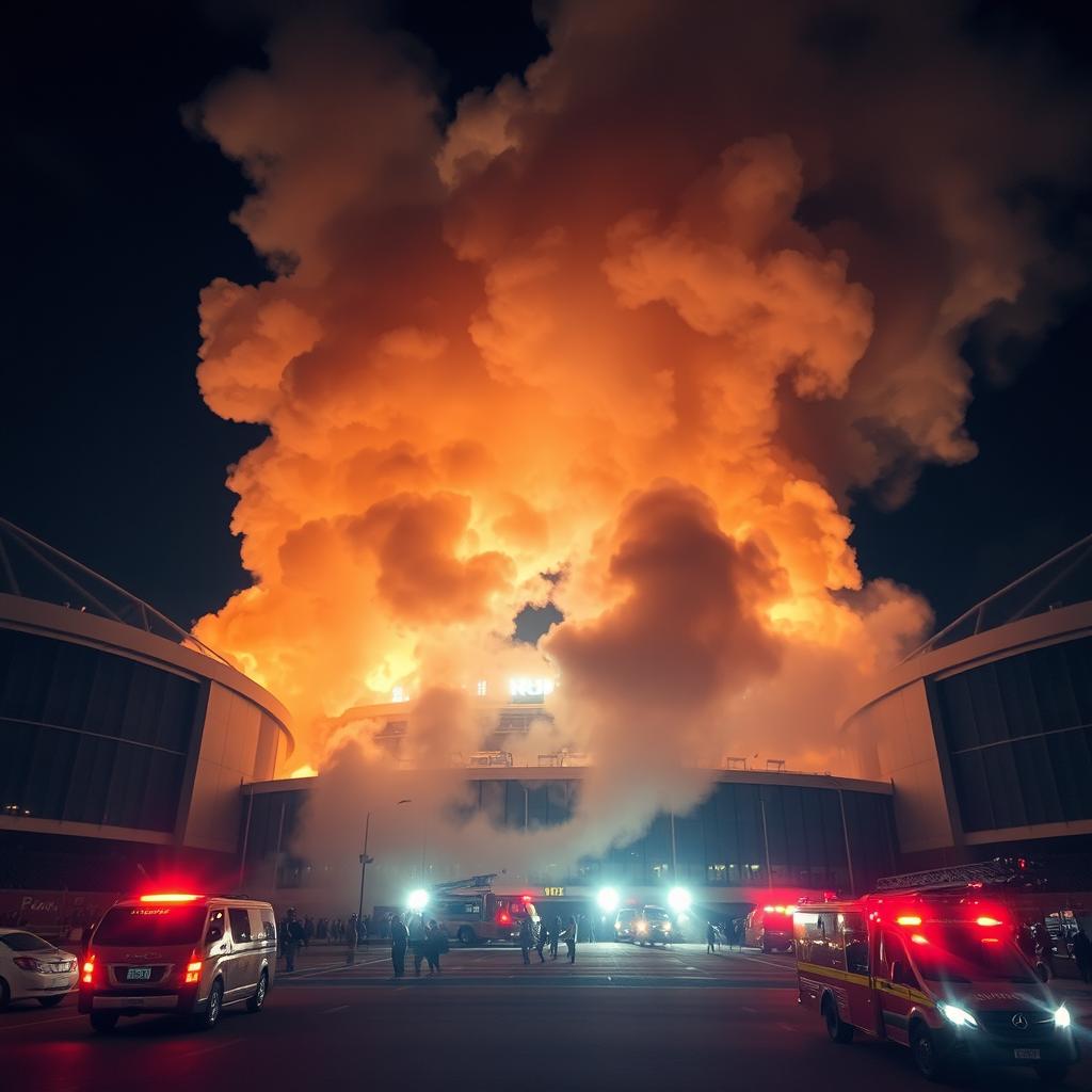 A dramatic scene of a football stadium from the outside, with large billows of fire and smoke rising into the sky