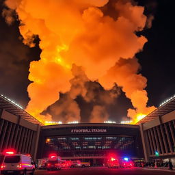 A dramatic scene of a football stadium from the outside, with large billows of fire and smoke rising into the sky