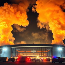 A dramatic scene of a football stadium from the outside, with large billows of fire and smoke rising into the sky