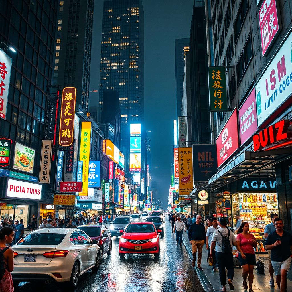 A bustling city street at night filled with vibrant neon signs and diverse people walking by