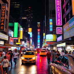 A bustling city street at night filled with vibrant neon signs and diverse people walking by