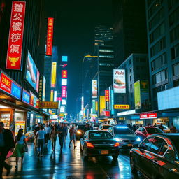 A bustling city street at night filled with vibrant neon signs and diverse people walking by