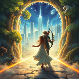 A mystical portal shimmering with magical energy, connecting a fantasy world to a modern cityscape