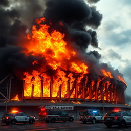 A realistic depiction of a football stadium exterior engulfed in real flames and thick, dark smoke billowing into the sky