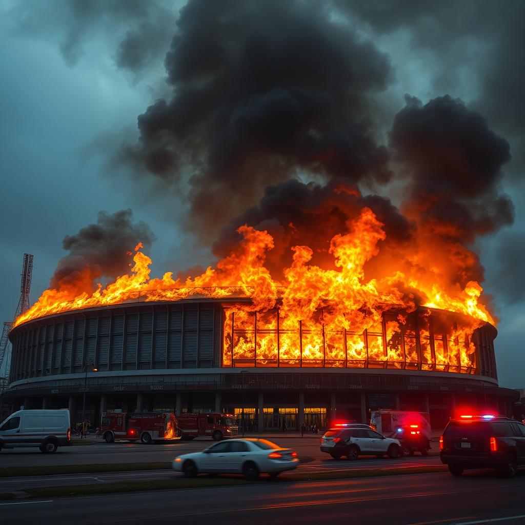 A realistic depiction of a football stadium exterior engulfed in real flames and thick, dark smoke billowing into the sky