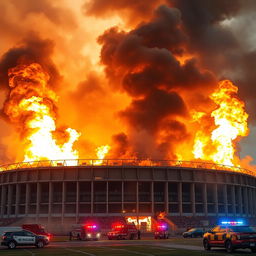 A realistic depiction of a football stadium exterior engulfed in real flames and thick, dark smoke billowing into the sky