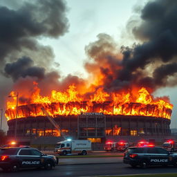 A realistic depiction of a football stadium exterior engulfed in real flames and thick, dark smoke billowing into the sky