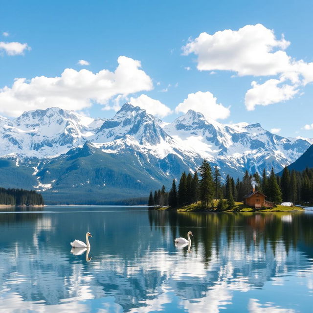 A picturesque view of a serene alpine lake surrounded by towering snow-capped mountains, under a clear blue sky