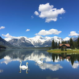 A picturesque view of a serene alpine lake surrounded by towering snow-capped mountains, under a clear blue sky