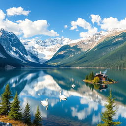 A picturesque view of a serene alpine lake surrounded by towering snow-capped mountains, under a clear blue sky