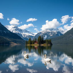 A picturesque view of a serene alpine lake surrounded by towering snow-capped mountains, under a clear blue sky