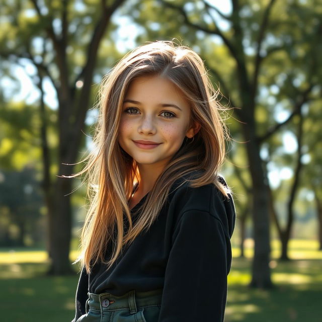 A girl with brown hair and blonde highlights, tan skin, and freckles, standing outdoors in a natural setting