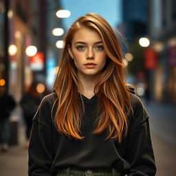 A 21-year-old girl with brown hair and blonde highlights, tan skin, and freckles, standing in a stylish urban setting