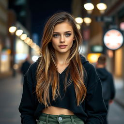 A 21-year-old girl with brown hair and blonde highlights, tan skin, and freckles, standing in a stylish urban setting