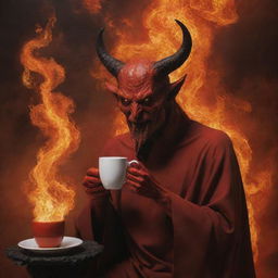 Imaginative depiction of Satan casually sipping coffee in a fiery realm resembling hell.