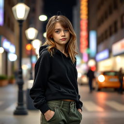 A 21-year-old girl with brown hair and blonde highlights, tan skin, and freckles, standing in a stylish urban setting