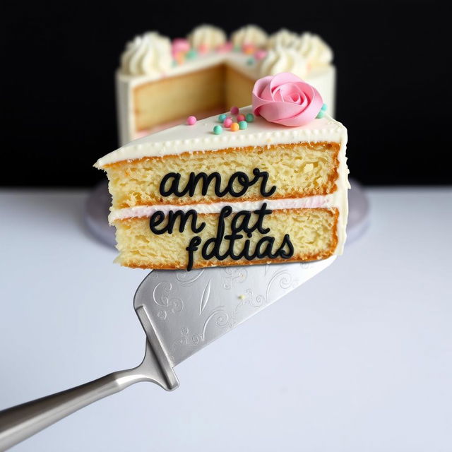 A slice of cake with the words "amor em fatias" written on it, with a cake slicer underneath holding the slice