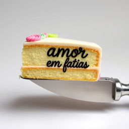 A slice of cake with the words "amor em fatias" written on it, with a cake slicer underneath holding the slice