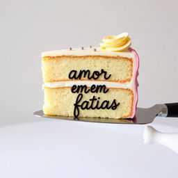 A slice of cake with the words "amor em fatias" written on it, with a cake slicer underneath holding the slice