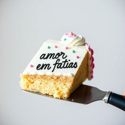 A slice of cake with the words "amor em fatias" written on it, with a cake slicer underneath holding the slice