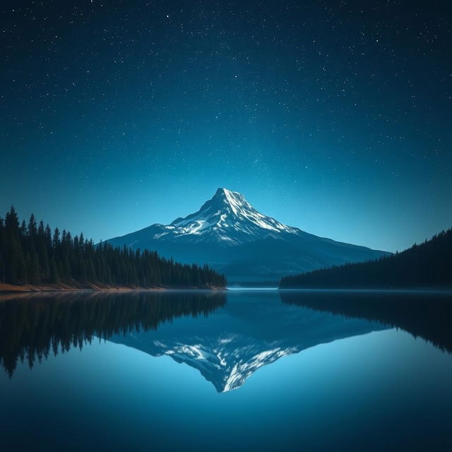 A solitary mountain under a starlit sky, surrounded by a serene forest and a serene lake