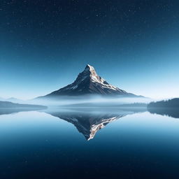 A solitary mountain under a starlit sky, surrounded by a serene forest and a serene lake