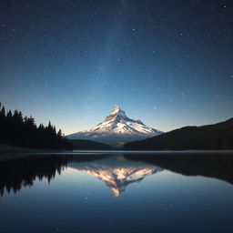 A solitary mountain under a starlit sky, surrounded by a serene forest and a serene lake