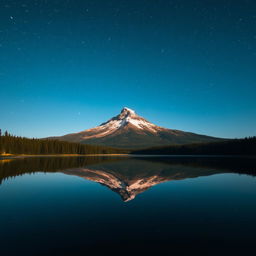 A solitary mountain under a starlit sky, surrounded by a serene forest and a serene lake