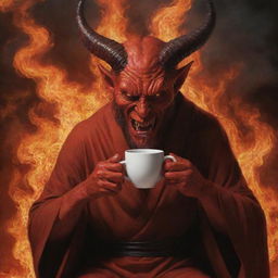 Imaginative depiction of Satan casually sipping coffee in a fiery realm resembling hell.