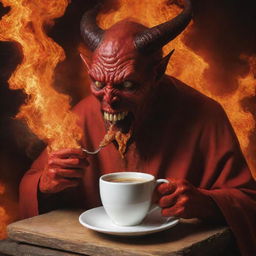 Imaginative depiction of Satan casually sipping coffee in a fiery realm resembling hell.