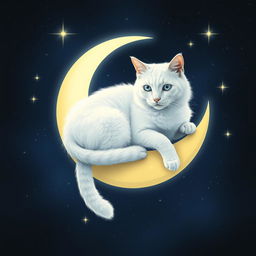 A majestic white cat with sparkling, mystic fur, lounging elegantly on a crescent moon