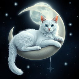 A majestic white cat with sparkling, mystic fur, lounging elegantly on a crescent moon