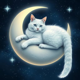 A majestic white cat with sparkling, mystic fur, lounging elegantly on a crescent moon