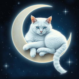 A majestic white cat with sparkling, mystic fur, lounging elegantly on a crescent moon