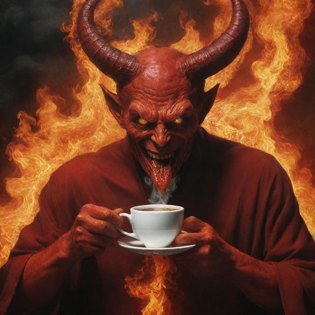 Imaginative depiction of Satan casually sipping coffee in a fiery realm resembling hell.