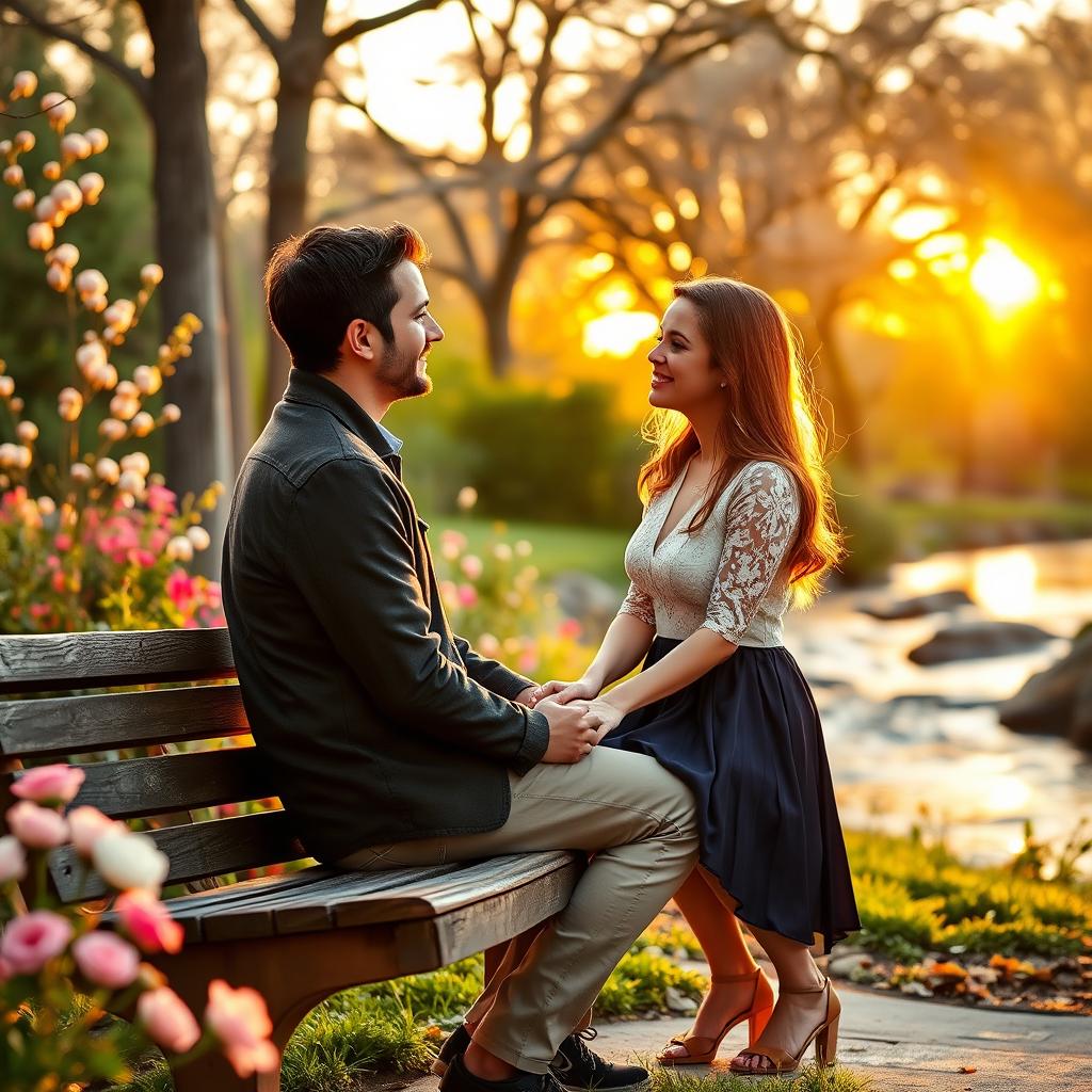 A romantic moment between a couple captured in a serene park setting at sunset