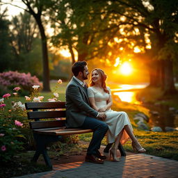 A romantic moment between a couple captured in a serene park setting at sunset