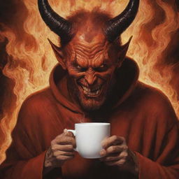 Imaginative depiction of Satan with a noticeable scar on his face, casually sipping coffee in a fiery realm resembling hell.