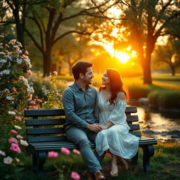 A romantic moment between a couple captured in a serene park setting at sunset