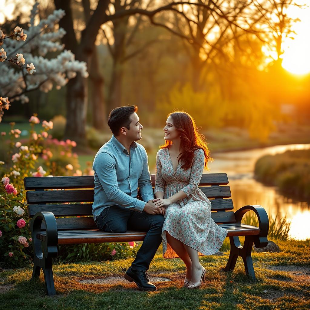 A romantic moment between a couple captured in a serene park setting at sunset