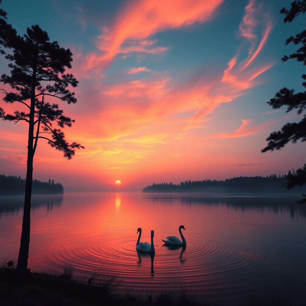 A stunning sunrise over a tranquil lake, with vibrant orange and pink hues reflecting off the water