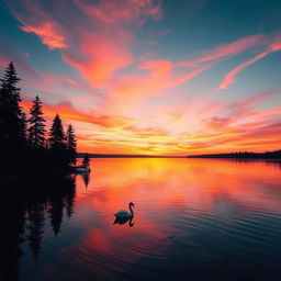 A stunning sunrise over a tranquil lake, with vibrant orange and pink hues reflecting off the water