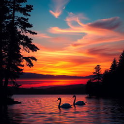 A stunning sunrise over a tranquil lake, with vibrant orange and pink hues reflecting off the water