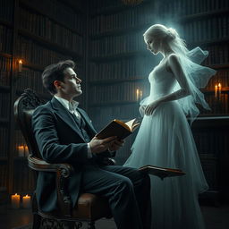 A magical and mysterious encounter between a man and a ghostly woman in a dimly lit, ancient library