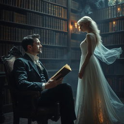 A magical and mysterious encounter between a man and a ghostly woman in a dimly lit, ancient library