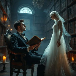 A magical and mysterious encounter between a man and a ghostly woman in a dimly lit, ancient library