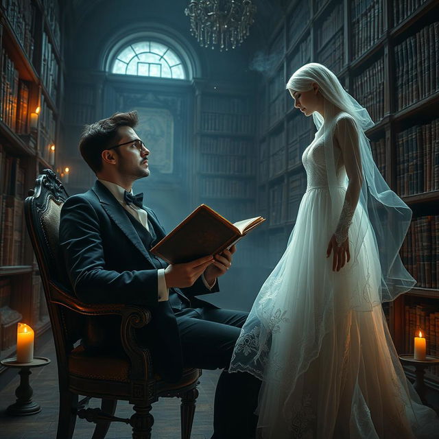 A magical and mysterious encounter between a man and a ghostly woman in a dimly lit, ancient library