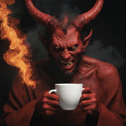 Imaginative depiction of Satan with a noticeable scar on his face, casually sipping coffee in a fiery realm resembling hell.